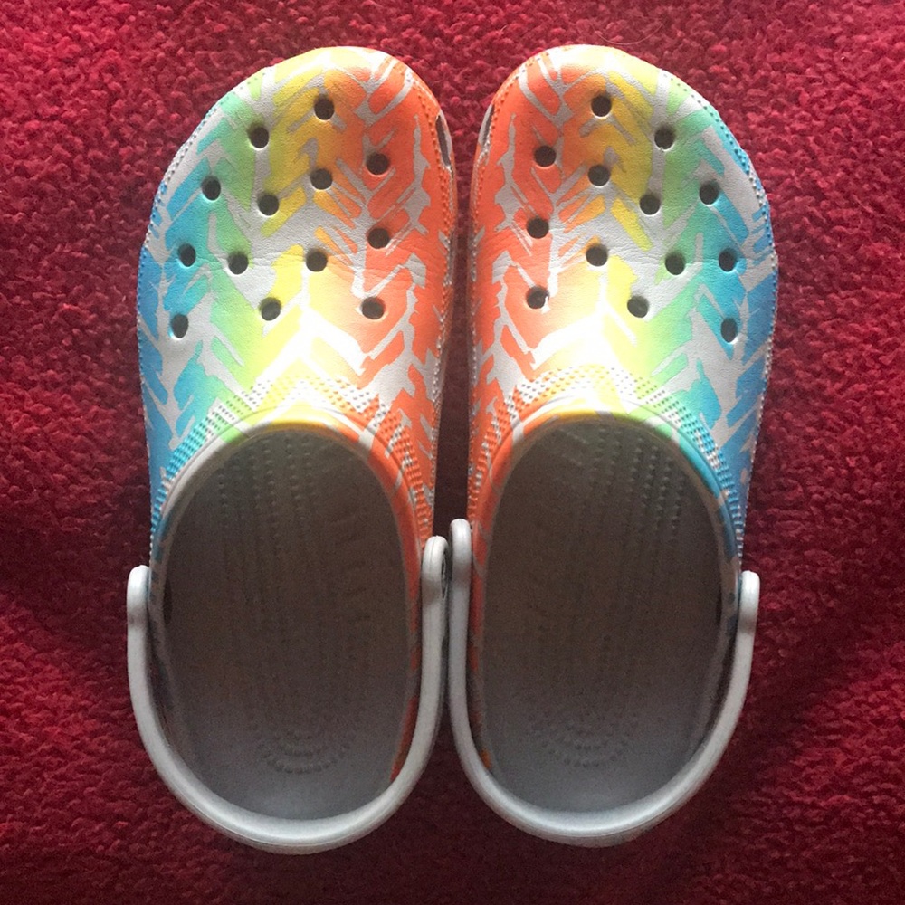 Rainbow print crocs